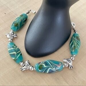 Handmade Metal Bird Swirled Blue Green Glass Bracelet 8.5” Colorful Gift